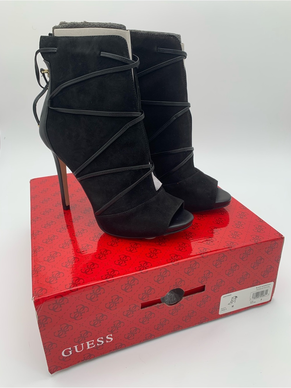 GUESS Black Suede Wrap-Lace Peep-Toe Stiletto Boots